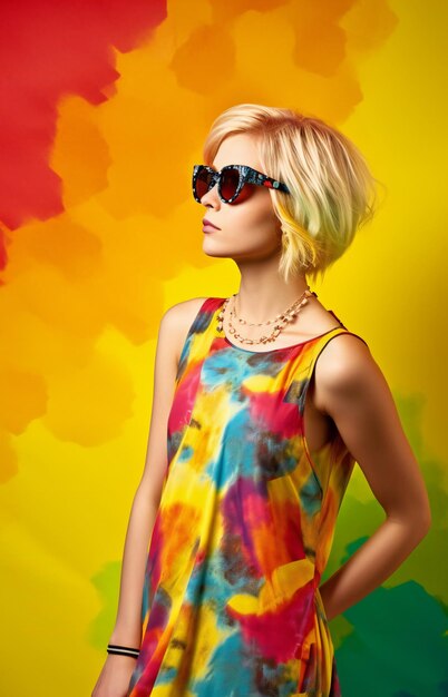 Portrait of a beautiful young woman with short blond hair wearing sunglasses