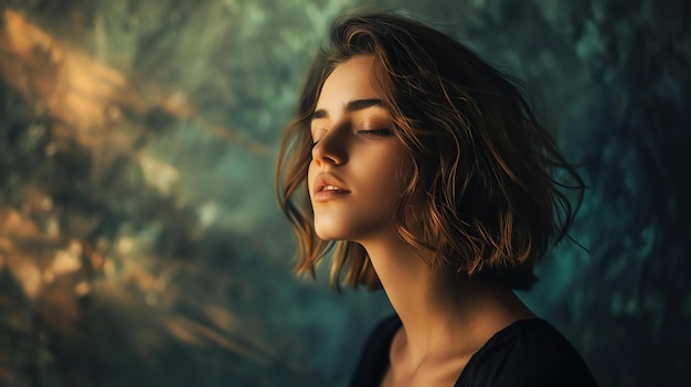 Portrait of a beautiful young woman with short brown hair and light makeup she has her eyes closed and her head tilted slightly to the right