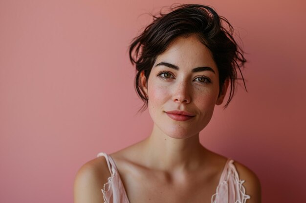 Portrait of a beautiful young woman with short hair against a pink background