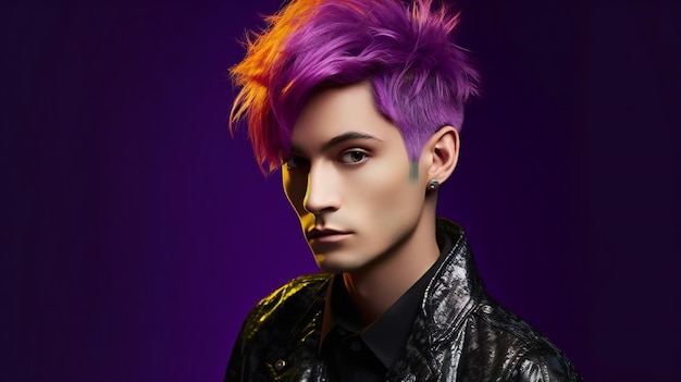 Portrait of a beautiful young woman with short purple hair and bright makeup