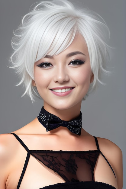 Photo portrait of beautiful young woman with short white hair and bow tie