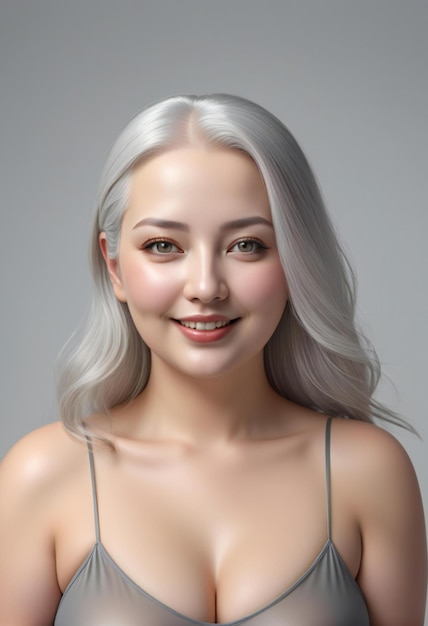 Portrait of a beautiful young woman with silver hair gray background