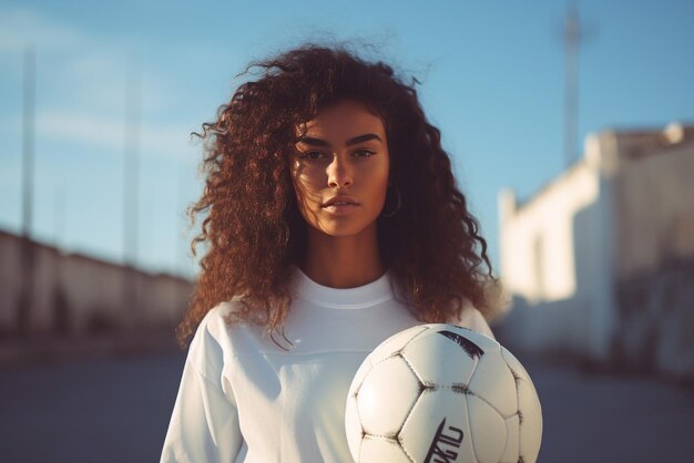 Portrait of beautiful young woman with soccer ball on dark background