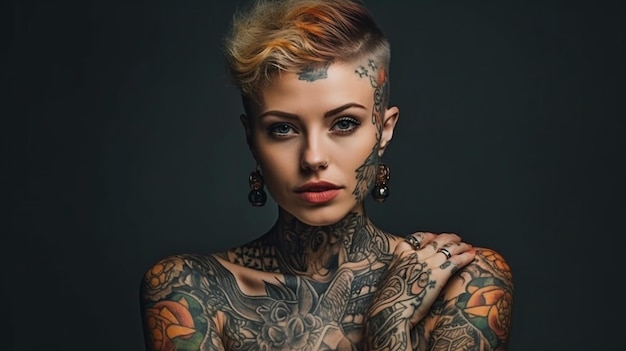 Портрет красивой молодой женщины с татуировками на руках.