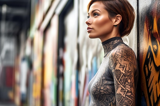 Photo portrait of a beautiful young woman with tattoos on her body outdoors