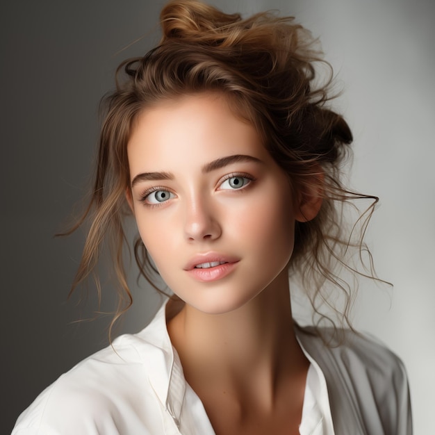 Portrait of beautiful young woman with tousled hair and clear blue eyes looks forward