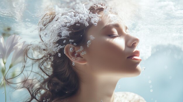 Foto ritratto di una bella giovane donna con uno spruzzo d'acqua sul suo viso bellissimo sullo sfondo blu spa