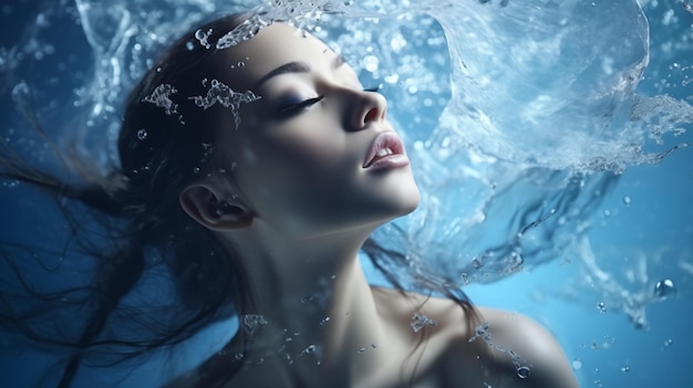 青い背景の美しい顔に水のスプラッシュがある美しい若い女性の肖像画