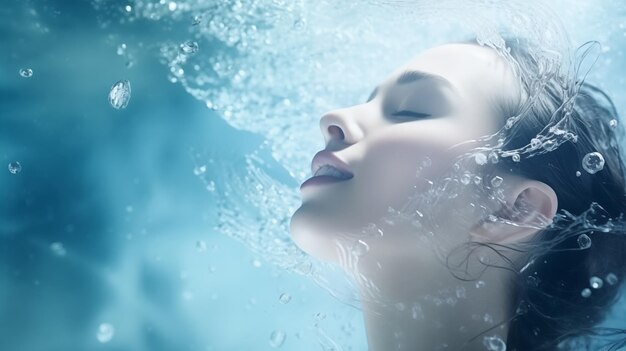 Foto ritratto di una bella giovane donna con spruzzi d'acqua sul suo viso bellissimo su sfondo blu