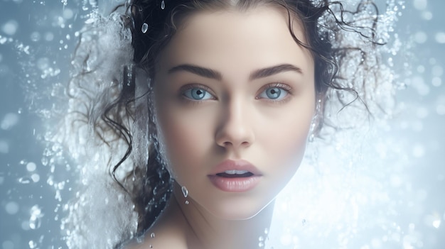 Portrait of beautiful young woman with water splash on her beauty face on blue background