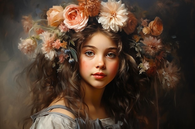 Portrait of beautiful young woman with wreath of flowers on head AI generative