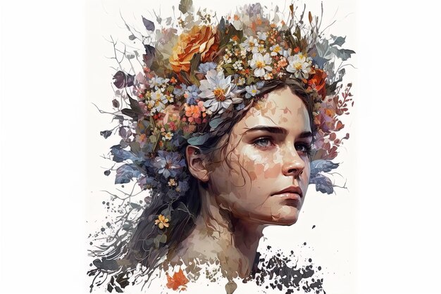 Portrait of a beautiful young woman with wreath of flowers on her head