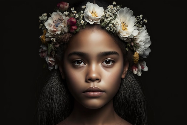 Portrait of a beautiful young woman with wreath of flowers on her head