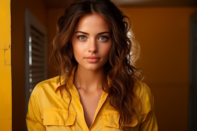 Portrait of beautiful young woman yellow background