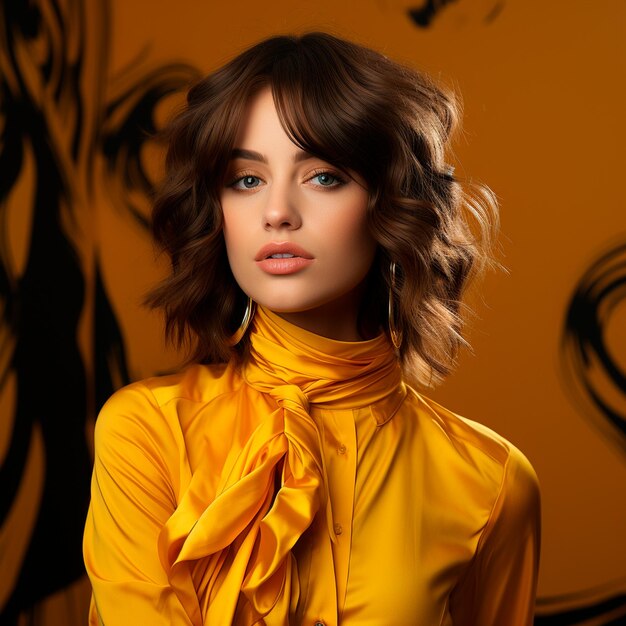 Photo portrait of beautiful young woman yellow background