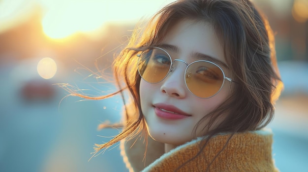 Portrait of a beautiful young woman in yellow coat and sunglasses generative ai art