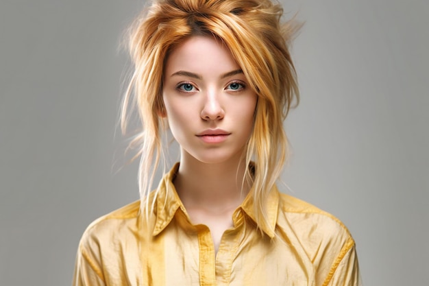 Портрет красивой молодой женщины в желтой рубашке на сером фоне