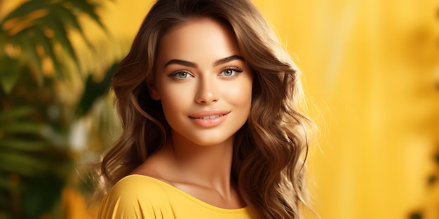 Portrait of beautiful young woman in yellow shirt with tropical leaves