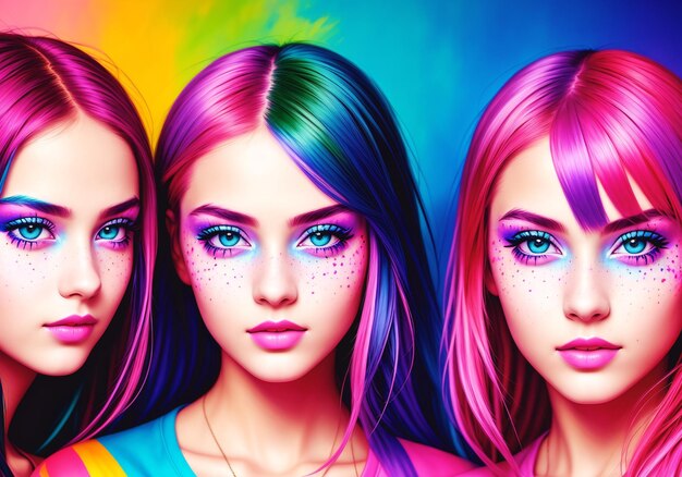 Portrait of beautiful young women with bright makeup and colorful hair beauty fashion