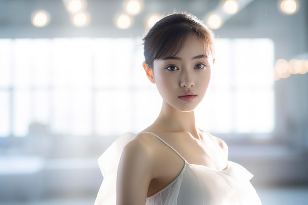 Portrait of beauty ballerina in white ballet costume in the room