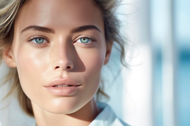 Foto ritratto di donna caucasica di bellezza con una pelle del viso perfettamente sana e luminosa