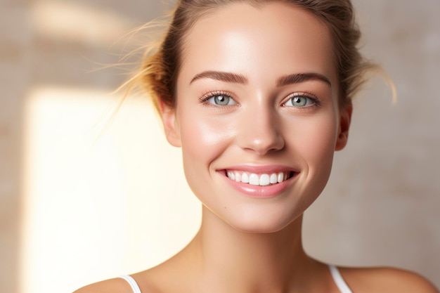 Photo portrait of beauty caucasian woman with perfect healthy glow skin facial