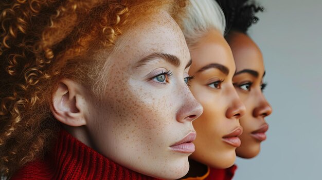 Foto ritratto bellezza e diversità con un gruppo di donne che posano su uno sfondo marrone per l'inclusione viso naturale e diverso con una femmina e le sue amiche per promuovere la salute