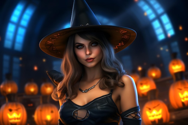 portrait of a beauty DJ girl wearing witch hat clubbing in halloween Party Pumpkins on background