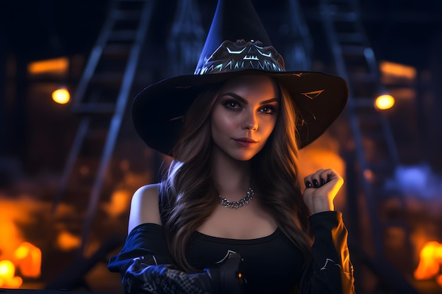 portrait of a beauty DJ girl wearing witch hat clubbing in halloween Party Pumpkins on background