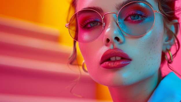 Photo portrait of beauty girl with colorful makeup nail polish and accessories studio shot of funny woman vivid colours high fashion manicure and hair style rainbow colors beautiful woman