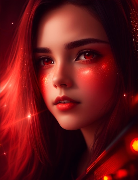 Портрет красивой женщины с красным светом и блестящим ядром