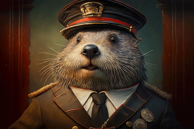 Portrait of beaver dressed as a sea captain at the helm generative ai