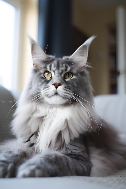 Portrait of a big grey maine coon cat lying on a sofa Generative AI content