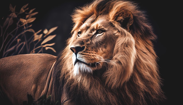 Portrait of a big male African lion against a black background