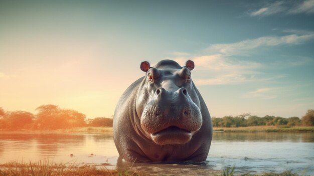 Photo portrait of a big male hippo against savanna river ai generative
