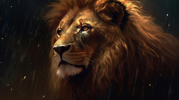 Portrait of a big male lion in the dark forestgenerative ai