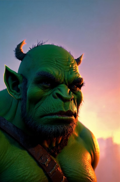 Portrait of a big muscular green org Portrait of a big muscular green Orc Portrait of terrifying green monster Fantastic creature Ogre Troll with frightening facial expression Generative AI