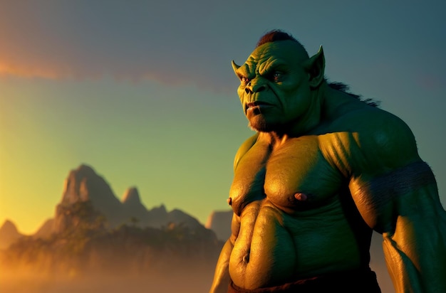 Portrait of a big muscular green org Portrait of a big muscular green Orc Portrait of terrifying green monster Fantastic creature Ogre Troll with frightening facial expression Generative AI