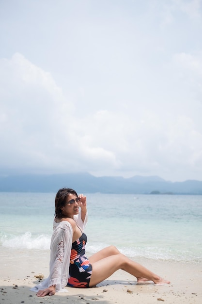 Portrait bikini girl with sea background asian woman beauty conceptxA