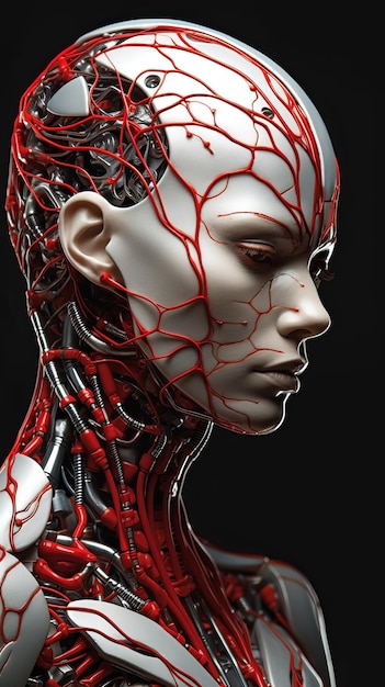 Portrait of a bionic robot with a circulatory system Generative AI