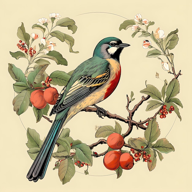 Portrait of bird carrying an olive branch with hopeful pose and vintage poster 2d flat design art