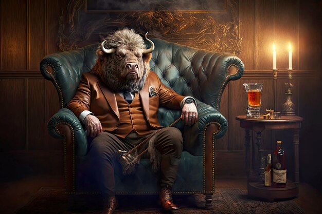 Portrait of bison on an expensive leather armchair with whiskey in his hands near the fireplace generative ai