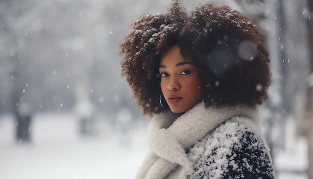 Portrait of black african woman with snowflakes on background