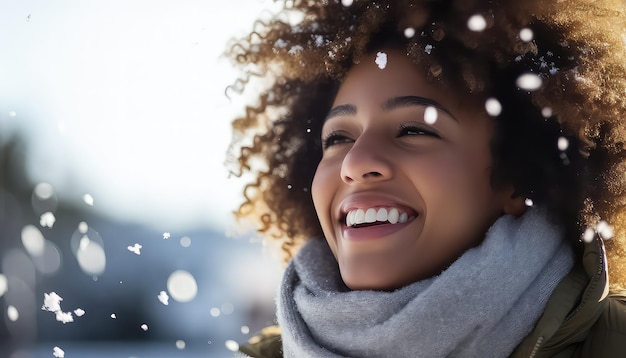 Portrait of black african woman with snowflakes on background