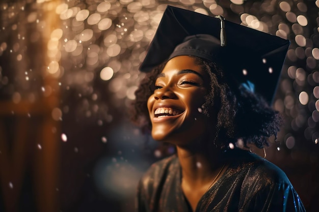 Portrait of black american young woman wearing a graduation cap dancing at the party Festive bokeh background Generative AI illustration