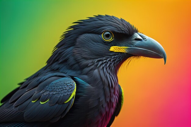 Portrait of a black bird closeup on a colorful background generative ai