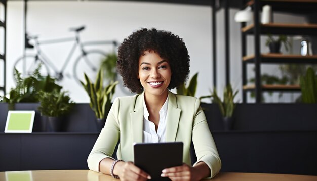 Portrait of black business woman in tech office