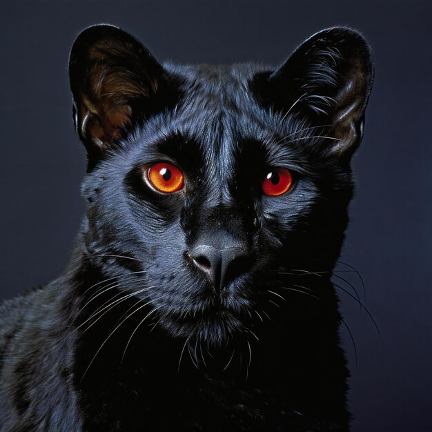 Portrait of a black cat with orange eyes on a dark background