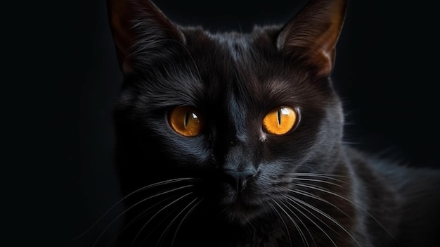 Portrait of a black cat with yellow eyes on a black backgroundgenerative ai