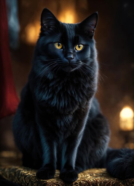 Portrait of a black cat with yellow eyes on a dark background ai generative